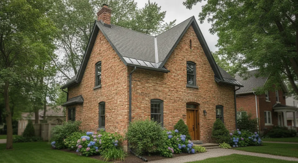 New seamless eavestrough and capped fascia on the steep gable of a century brick house in Galt, Cambridge, Ontario